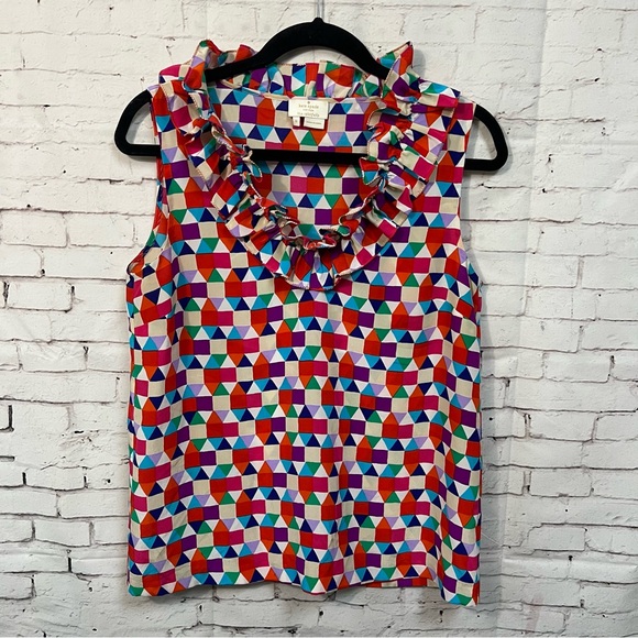 Kate Spade Multi Color Geometric Silk Sleeveless Ruffle Neck Blouse Top Size 6 - Picture 1 of 6